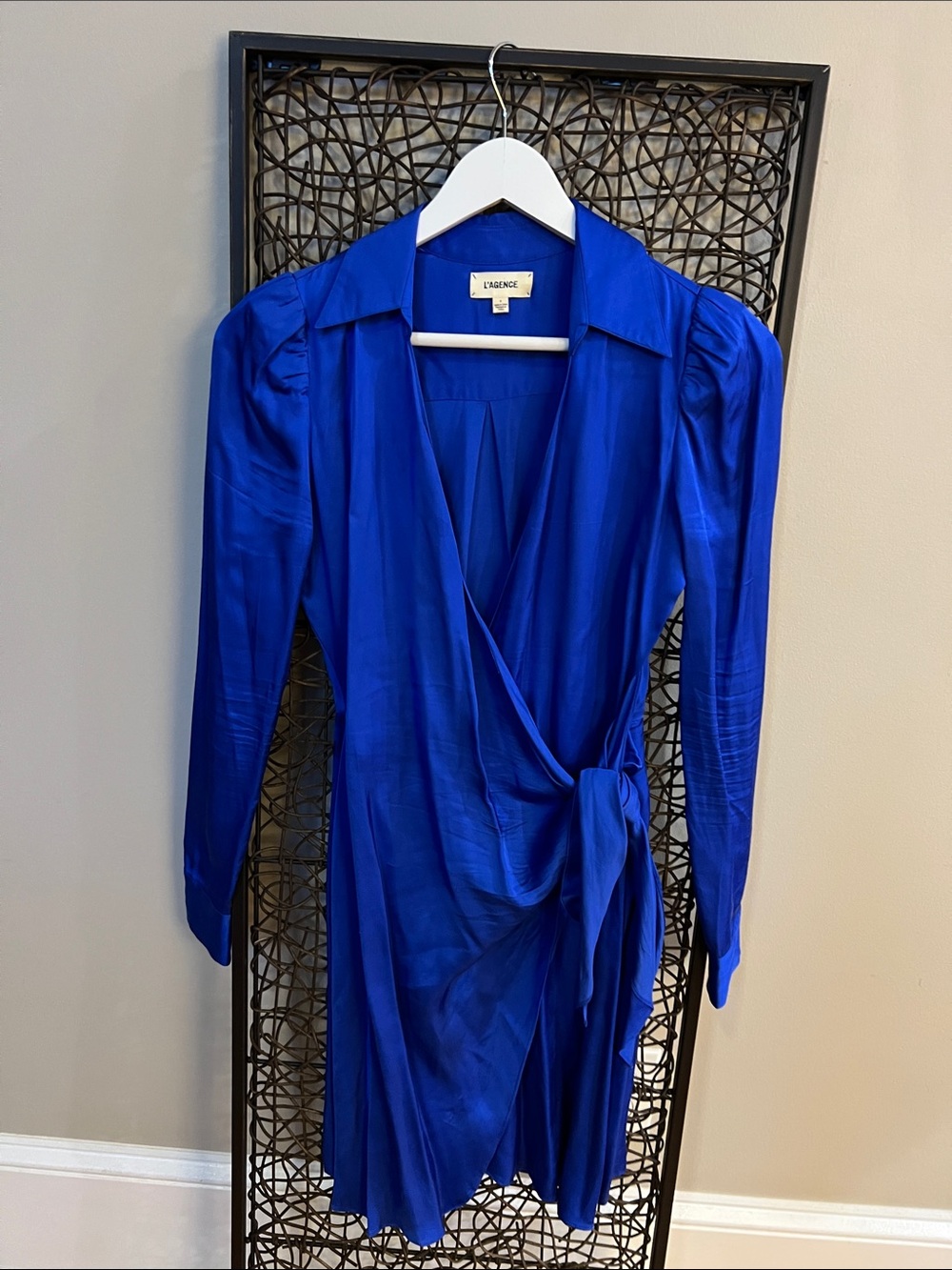 L'Agence Amani long puff sleeve wrap mini dress satin bright cobalt blue Size 0